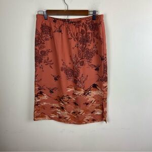 Pleione Nordstrom Teracotta Orange Mountain Crane Scenery Midi Skirt Medium NWOT